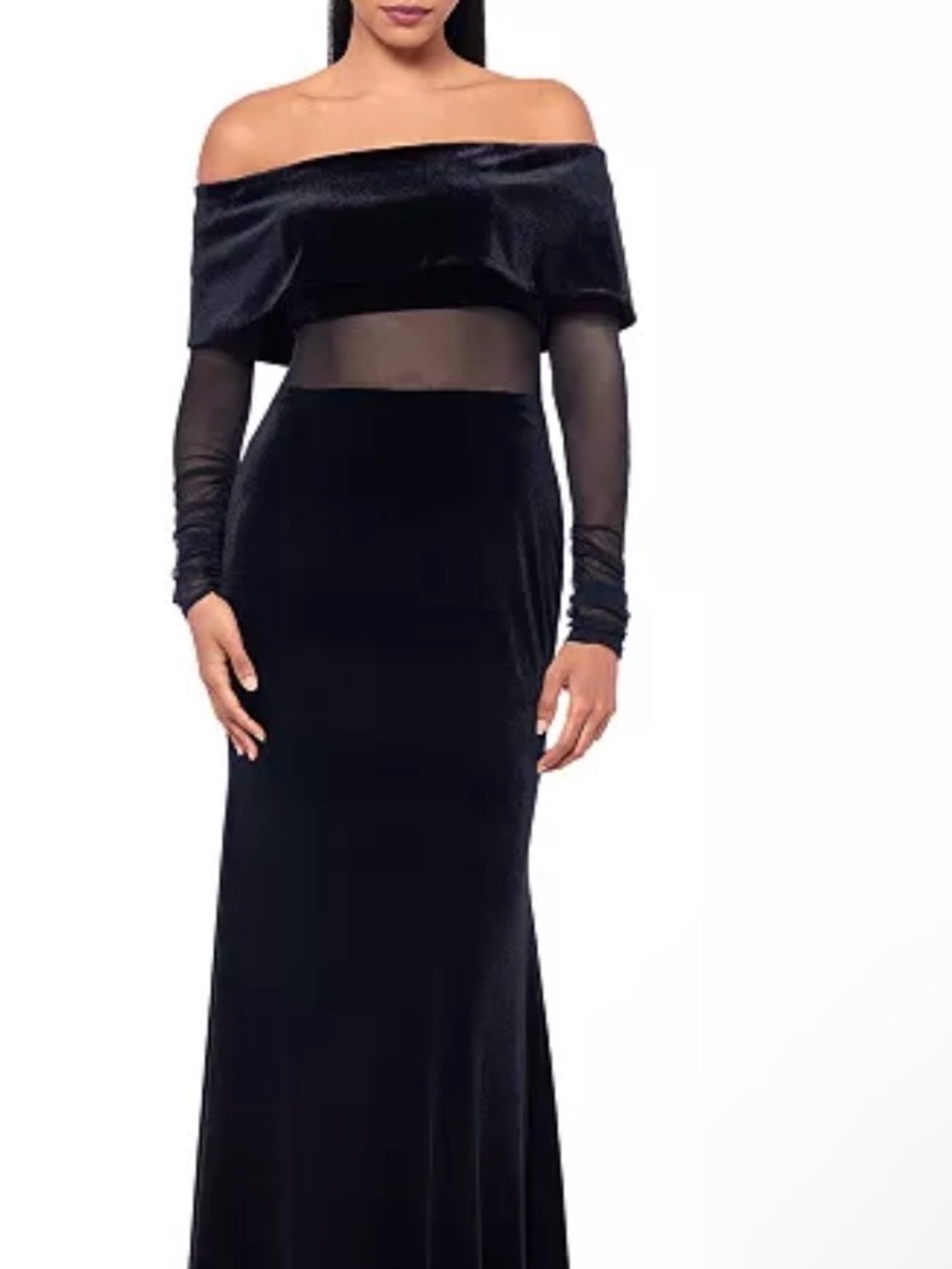 Off-Shoulder Black Velvet Maxi Skirt with Sheer Waist